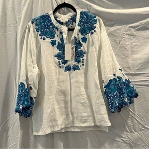 Jade White Top with Blue Floral Design